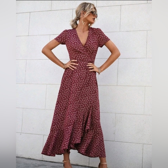 New Boho Floral Wrap Ruffle Maxi Dress Burgundy Red White - Picture 8 of 9